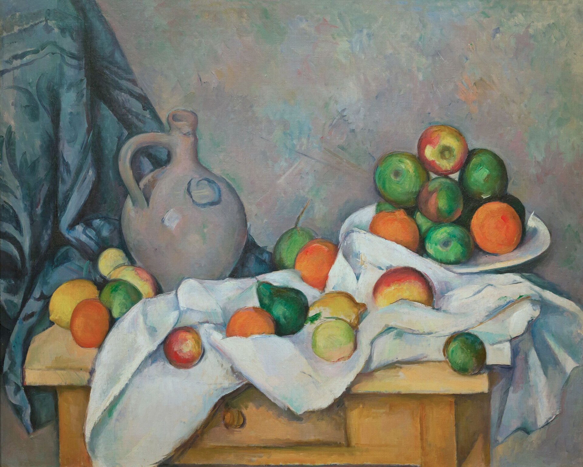 Imagem de referência de Cortina, Jarro, e Fruteira, descrito nos dados abertos como pintura de Paul Cézanne