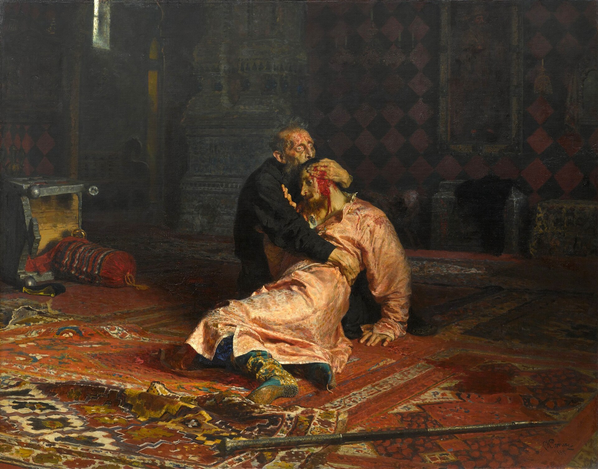 Imagem de referência de Ivan, o Terrível, e o Seu Filho Ivan em 16 de Novembro de 1581, descrito nos dados abertos como pintura de Ilya Yefimovich Repin