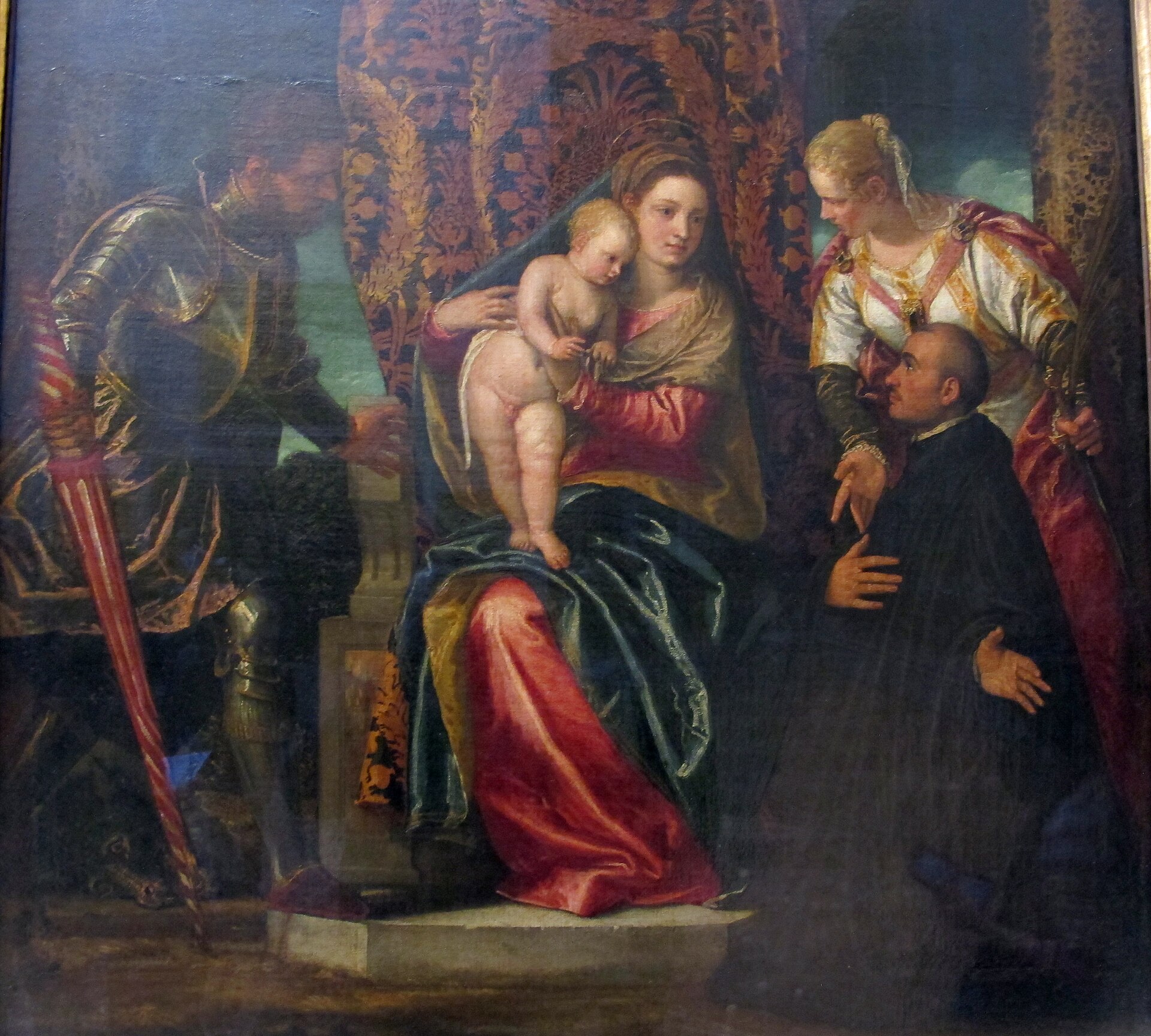 Imagem de referência de A Virgem e o Menino entre S. Jorge, S. Justina e um Beneditino ajoelhado, descrito nos dados abertos como pintura de Paolo Veronese