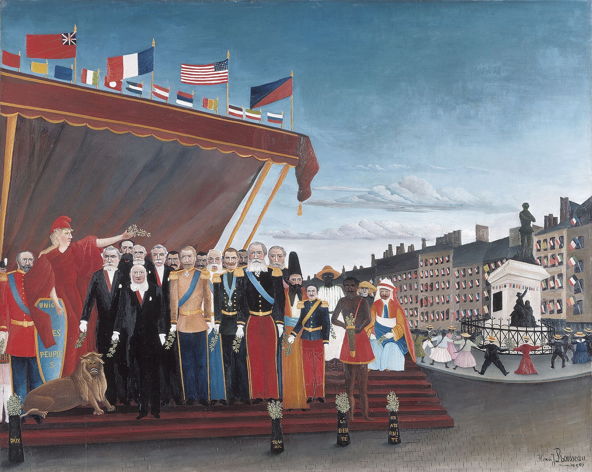 Imagem de referência de Os Representantes de Potências Estrangeiras vêm cumprimentar a República como sinal de paz, descrito nos dados abertos como pintura de Henri Rousseau