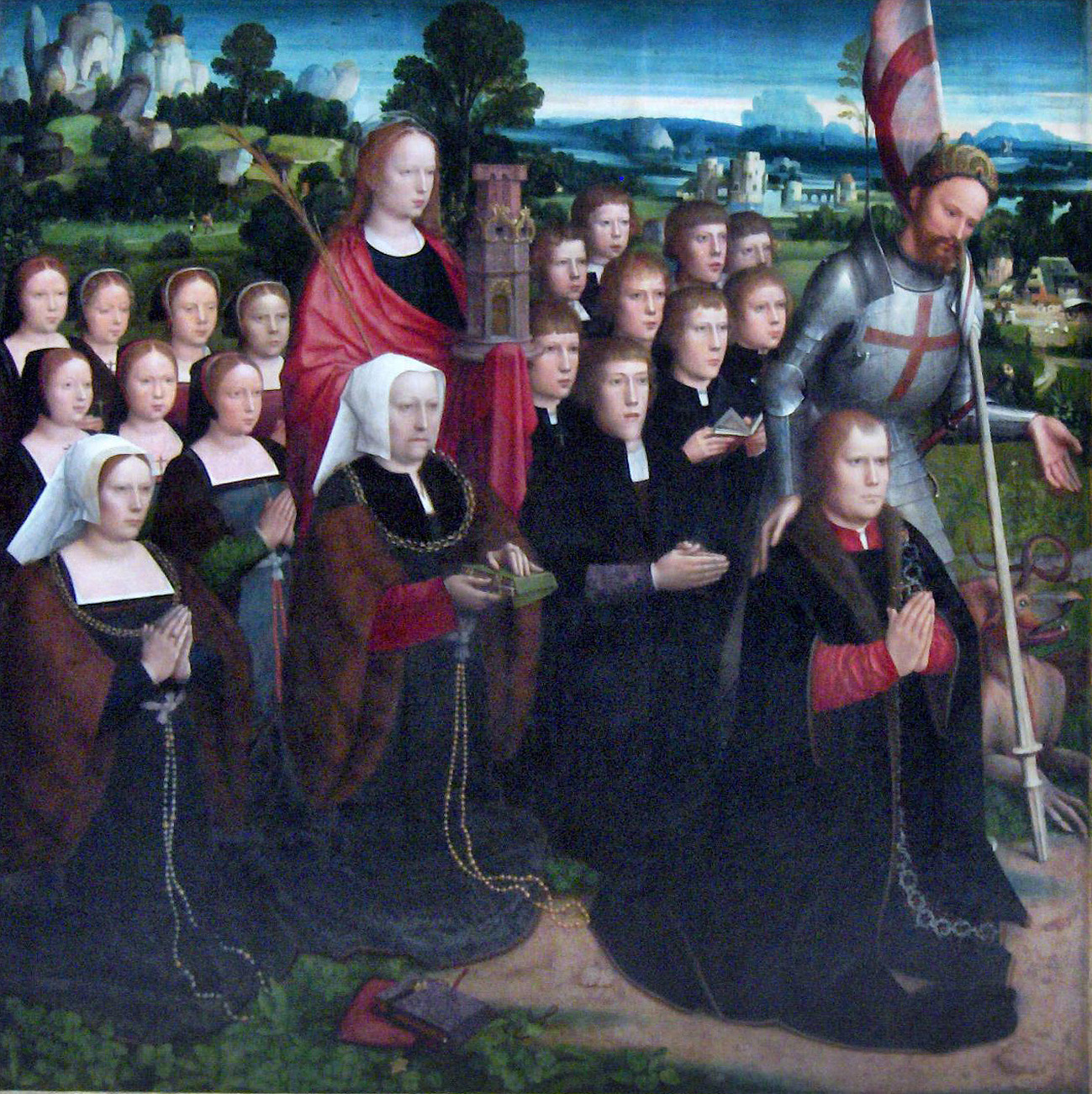 Imagem de referência de São Jorge e Santa Bárbara com os Doadores Joris van de Velde, a mulher Barbara Le Maire e os Filhos (painel esquerdo do Díptico), descrito nos dados abertos como pintura de Adriaen Isenbrandt
