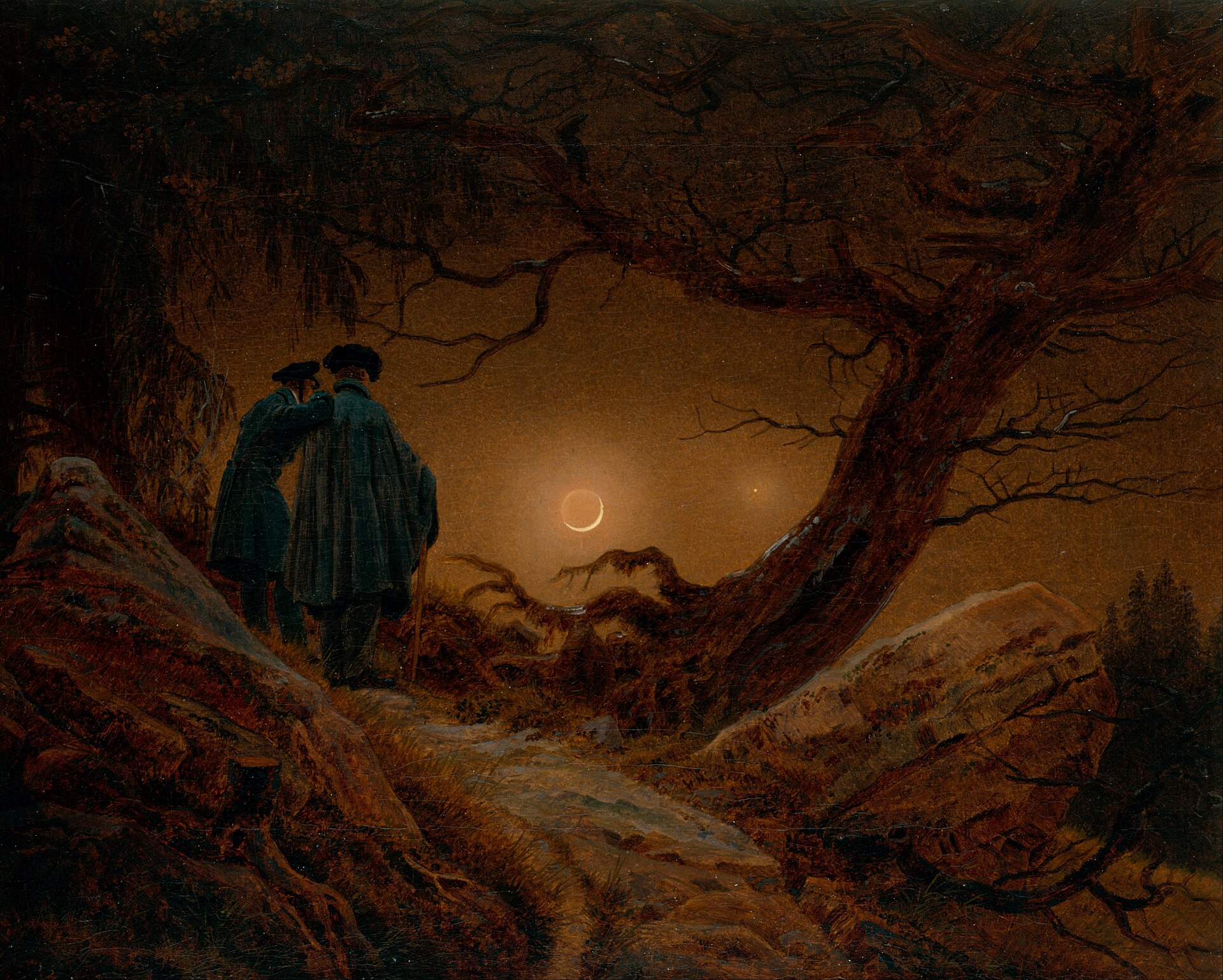 Imagem de referência de Dois Homens Contemplando a Lua, descrito nos dados abertos como pintura de Caspar David Friedrich , Galerie Neue Meister