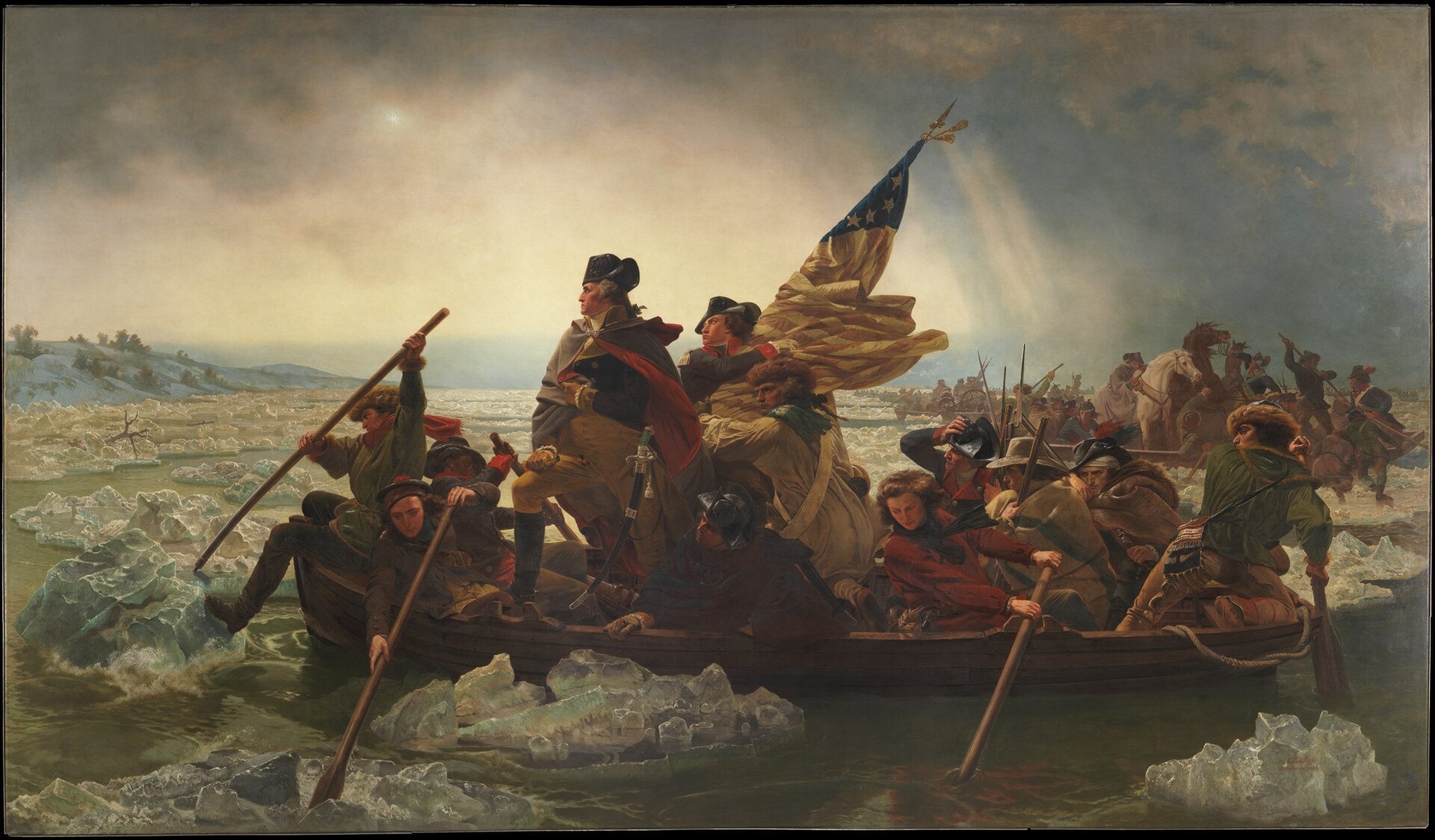 Imagem de referência de Washington Crossing the Delaware, descrito nos dados abertos como pintura de Emanuel Leutze