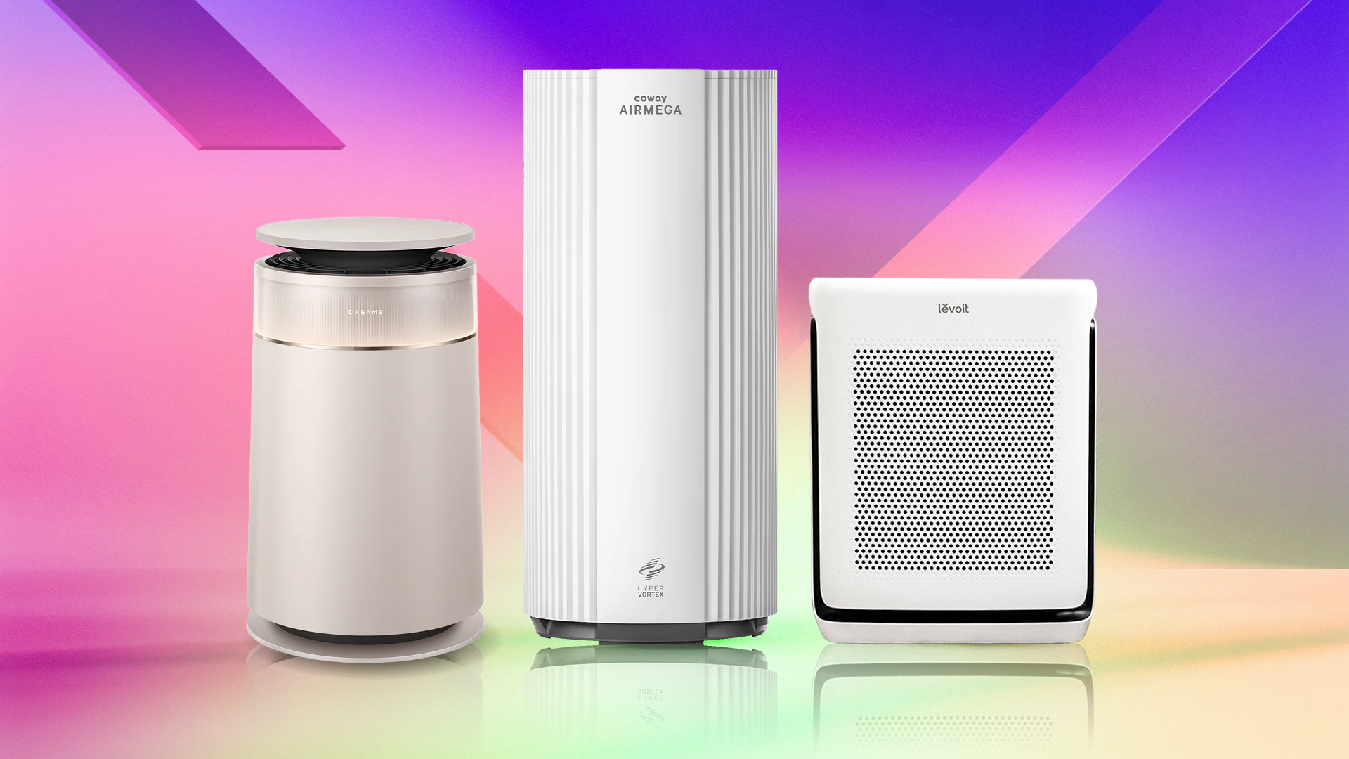 Three air purifiers on a gradient background
