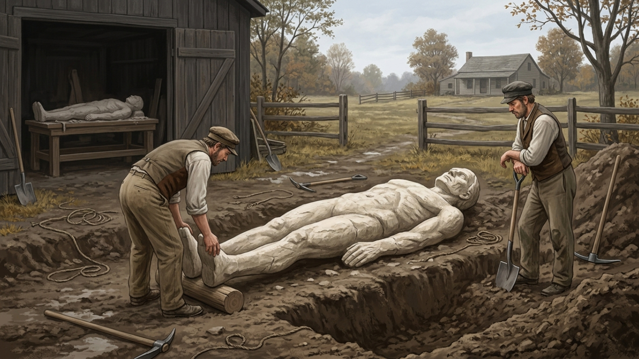 Um homem enterrou uma estátua de gipsita de três metros e armou sua “descoberta”, até P. T. Barnum fazer uma cópia falsa do gigante falso