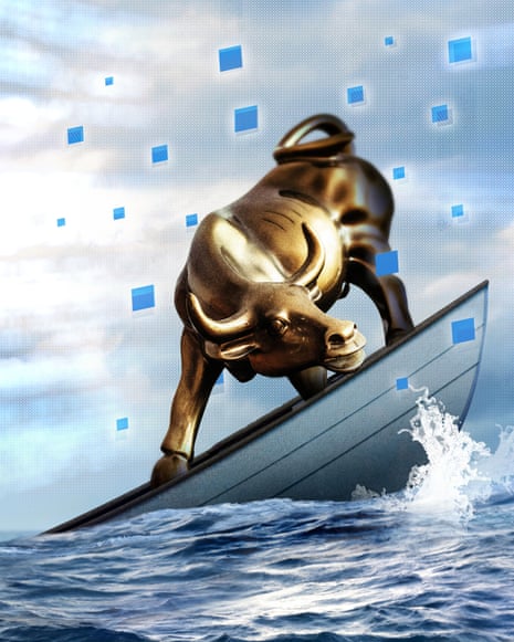 A bronze bull statue balances precariously on the bow of a small boat on water
