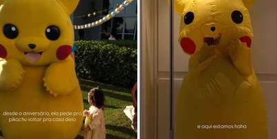 Pikachu interage com crianças durante festa de aniversário de Helena | Amanda Kimberlly vestida de Pikachu Foto: Reprodução Instagram @akimberllya | Reprodução Instagram @akimberllya