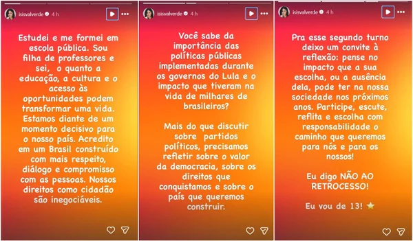 Isis Valverde anuncia apoio a Lula e convida eleitores a "refletirem"