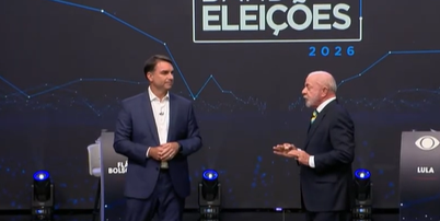 Fl&aacute;vio Bolsonaro e Lula no primeiro debate na Band Foto: Reprodu&ccedil;&atilde;o/Band