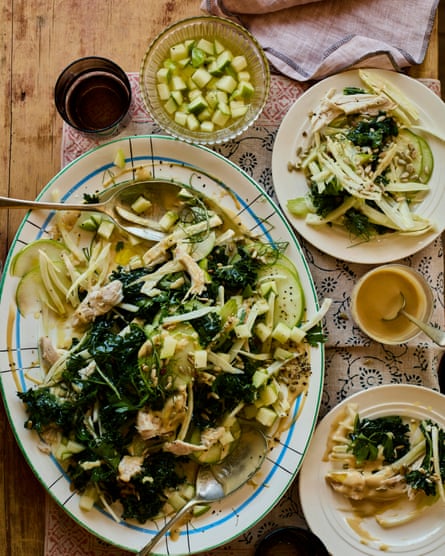 Roast chicken salad with kale, fennel, pickled apples and tahini